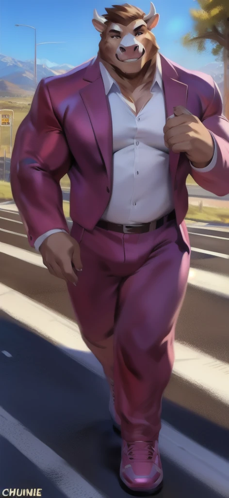 (anime style art,)extremely masculine muscular character,muscular,bodybuilder, huge bulge, sexy, smirk, erotic, 8 pack abs, 1boy,adult,solo, masterpiece, best quality,4k, Main, rainbow,, hair, cape,bare chest, suit pin?,  fashion, catwalk