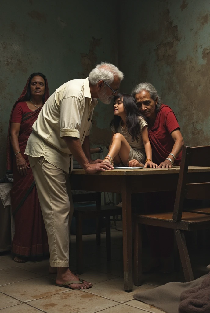 All character Indian, a  old girl wearing shorts sitting on a table, a 60 year old man kissing the girl, an old woman watching them both 