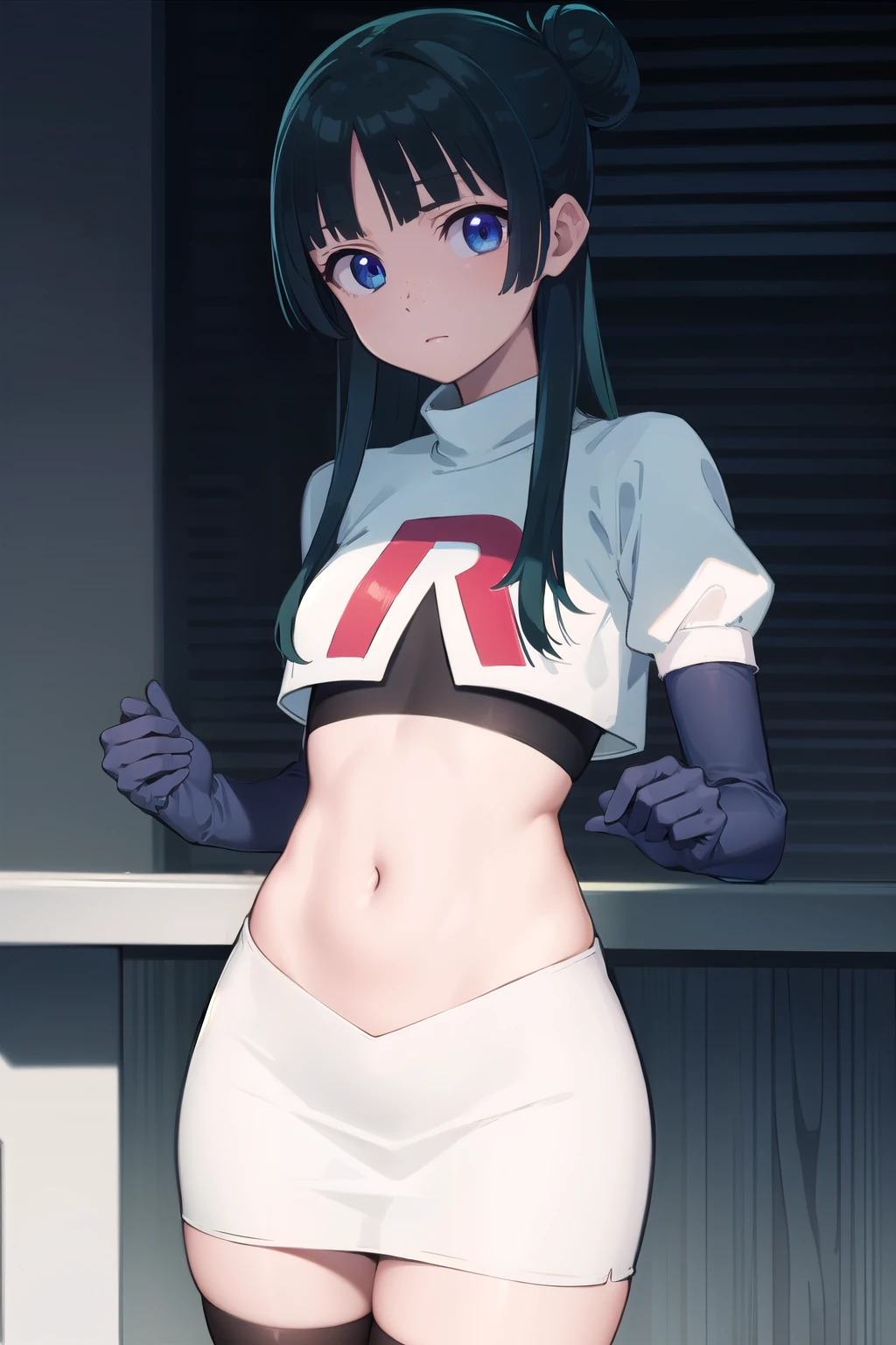 kusuriyamaomao, maomao, long hair, bangs, blue eyes, hair ornament, green hair, blunt bangs, freckles, hair bun, single hair bun,
BREAK team rocket,team rocket uniform,white skirt,red letter R,crop top,black thigh-highs,black elbow gloves,
BREAK looking at viewer, cowboy shot,
BREAK (masterpiece:1.2), best quality, high resolution, unity 8k wallpaper, (illustration:0.8), (beautiful detailed eyes:1.6), extremely detailed face, perfect lighting, extremely detailed CG, (perfect hands, perfect anatomy),