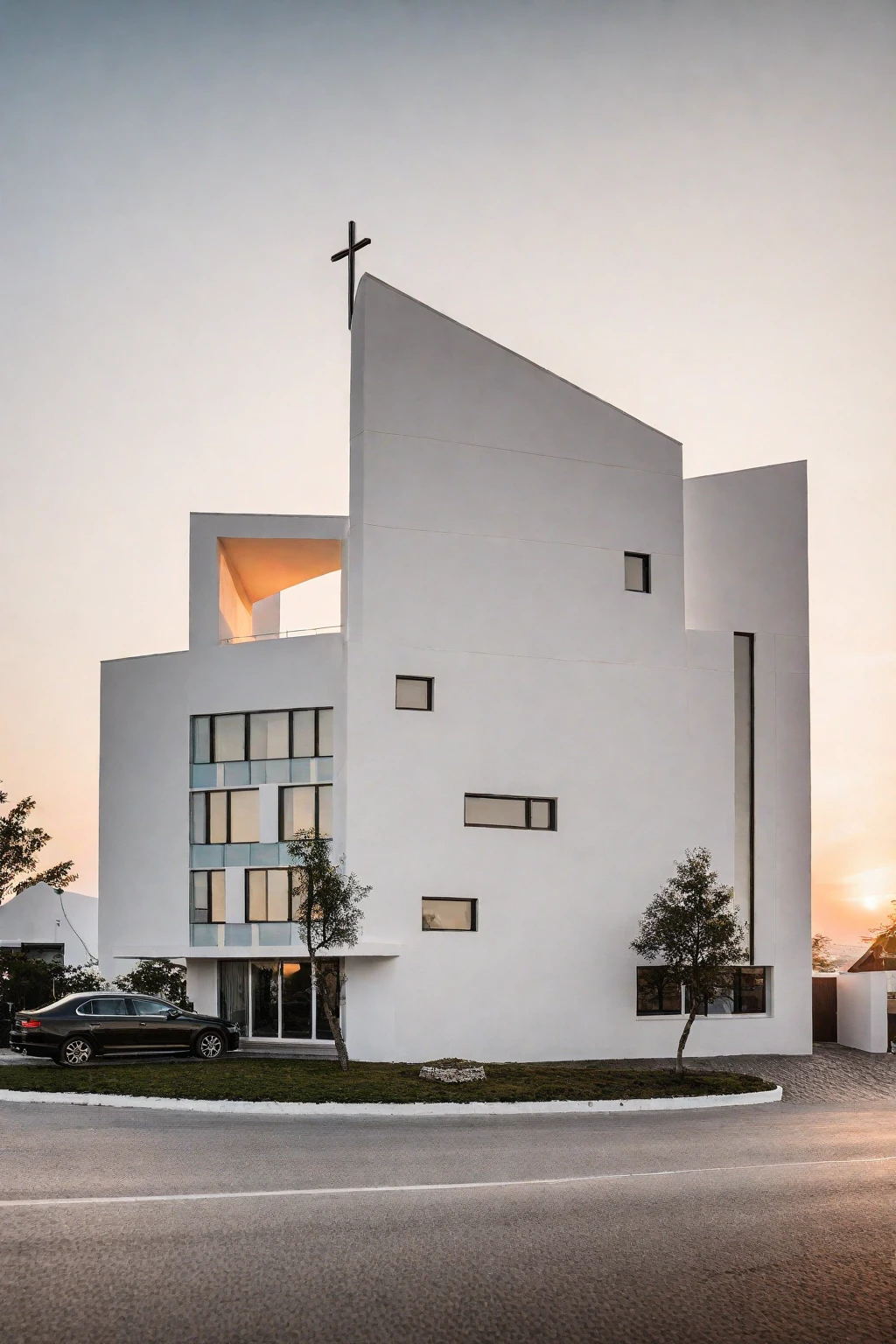 raw photo, best quality, ultra realistic, masterpiece, best quality skin, photography hd, dslr,
tcs, httlvn, modern church, road, people, house, facade design, outdoors, church, white walls, cross on top, curved shape building, 
Dusk, sunshine, 
View from a tree, dof view, 
