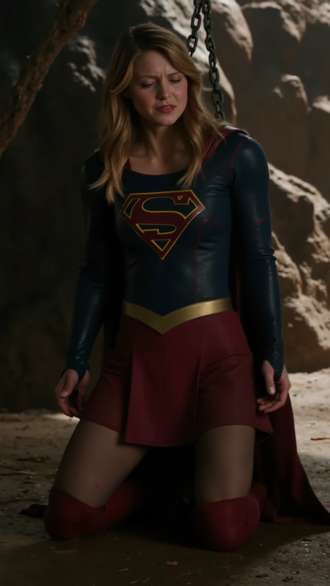 Melissa Benoist as Supergirl, the Supergirl is kneel and hanging her wrists to the ceiling with chain, she is unconscious, eyes close, She is wearing a Supergirl costume with red skirt, pantyhose and red knee height boots, her condition is tired, injury, tattered clothes, painful face, in the cave,