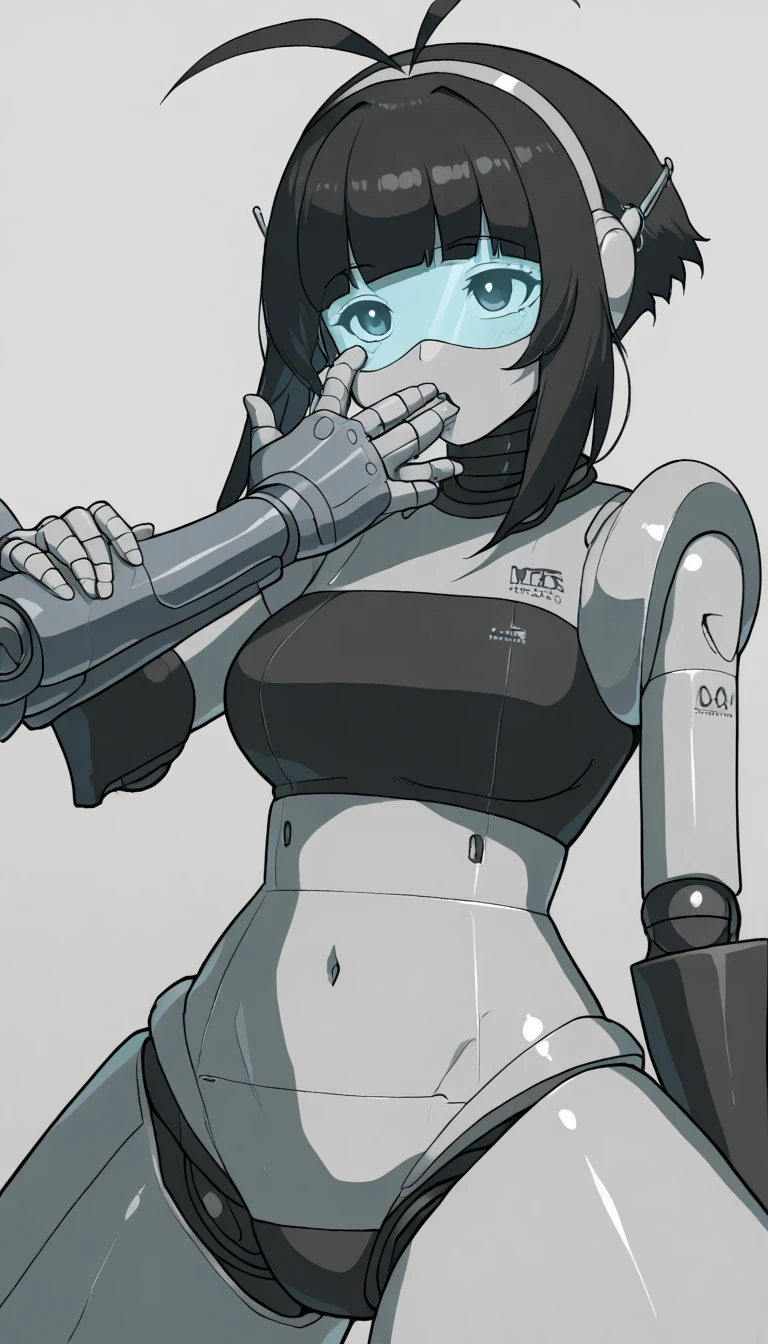 masterpiece, best quality, extremely detailed, (8K, 4K, Best Quality, hight resolution, 超A high resolution:1.1), ,8k portrait, Japaese android Girl,Plump , dark black leg cover,announcer,control panels,android,Droid,Mechanical Hand, Robot arms and legs, Black Robot Parts,Black long hair,Mechanical body,Blunt bangs,perfect mechanical abdomen,black robotics parts,perfect robot woman,future laboratory,cyber pank,charging spot,laboratory,long tube,thick cable connected her neck,black ceramic body ,perfect mechanical body, black robot body,lod antenna,mechanical ear cover,android,robot humanoid,black sponge joints,The removable cover is in the groin,The connection port is in the groin,opened chest panel,access panel on the chest,opened breast panel,perfect mechanical breast,perfect black machine body,perfect black android body,She has repaired,assembly plant,no human skin,visor,mistyrobot,,smile,spread arm,robot joint,doll joint,robotization,mecha musme,robot transformation,dress,android,fellatio,yuri,lesbian