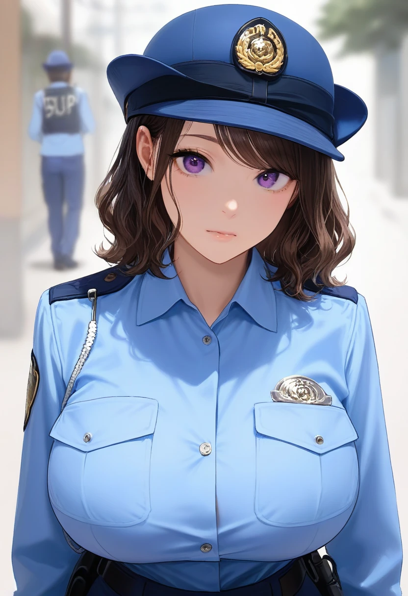 best quality,masterpiece,huge breasts,purple eyes,dark brown hair,light blue shirt,blue pants,1girl,police hat,,breast pocket,swept bangs,medium hair,long sleeves,upper body,wavy hair