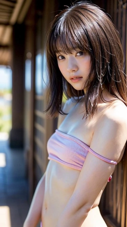 (8k, RAW Photos, highest quality, masterpiece: 1.4), (Realistic, photoRealistic: 1.4), Super detailed, Ultra-high resolution, One Girl, Beholder, Beautifully detailed face, smile, (Slim waist: 1.0), Beautifully detailed skin, Skin Texture, Floating Hair, Professional Lighting, Middle Chest, Kind eyes,(small wet breasts:1.6), (beautiful nipples:1.5),(undressing:1.7), (white bikini:1.2), (wet pantie:1.5), (blouse:1.5),(Feather Cut:1.0),