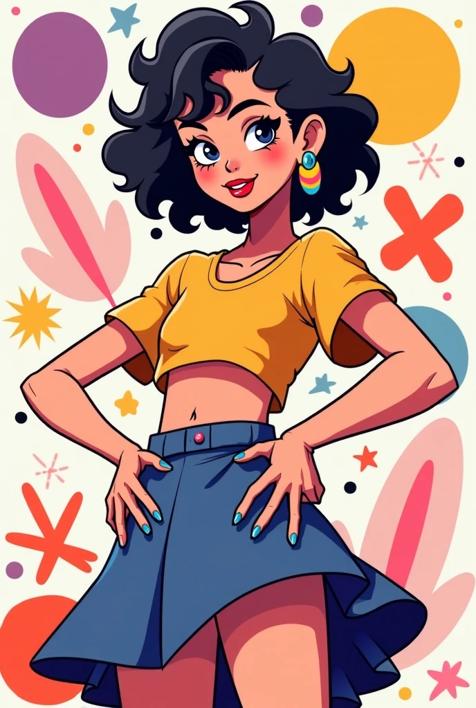 ((speed painting:1.4)), vector, graphic novel, woman with curly hair wearing a skirt and blouse with detailed seductive alluring eyes in a modern bedroom,