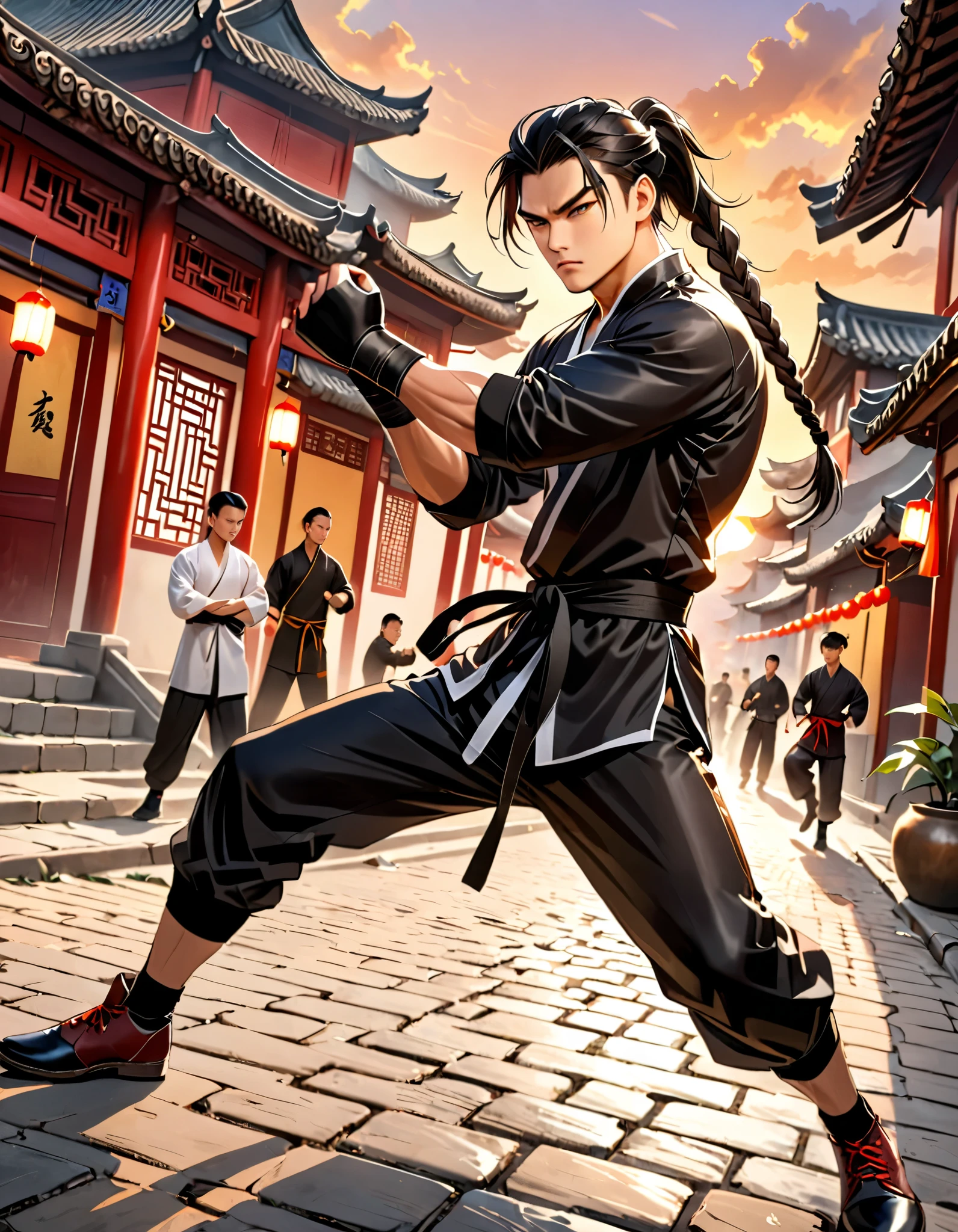 masterpiece, best quality, solo, solo focus, 8k, black hair with whtie streak, long hair, braid, chinese male ponytail hair, combed back hair, green eyes, mainline china, male, martial artist, male focus, traditional kung fu stance, danger atmosphere, chinese village, street, sunset, fighting fingerless gloves, leather shoes, outdoors, afternoon, grim expression, full body costume design, dutch angle, action scene, clenched fights