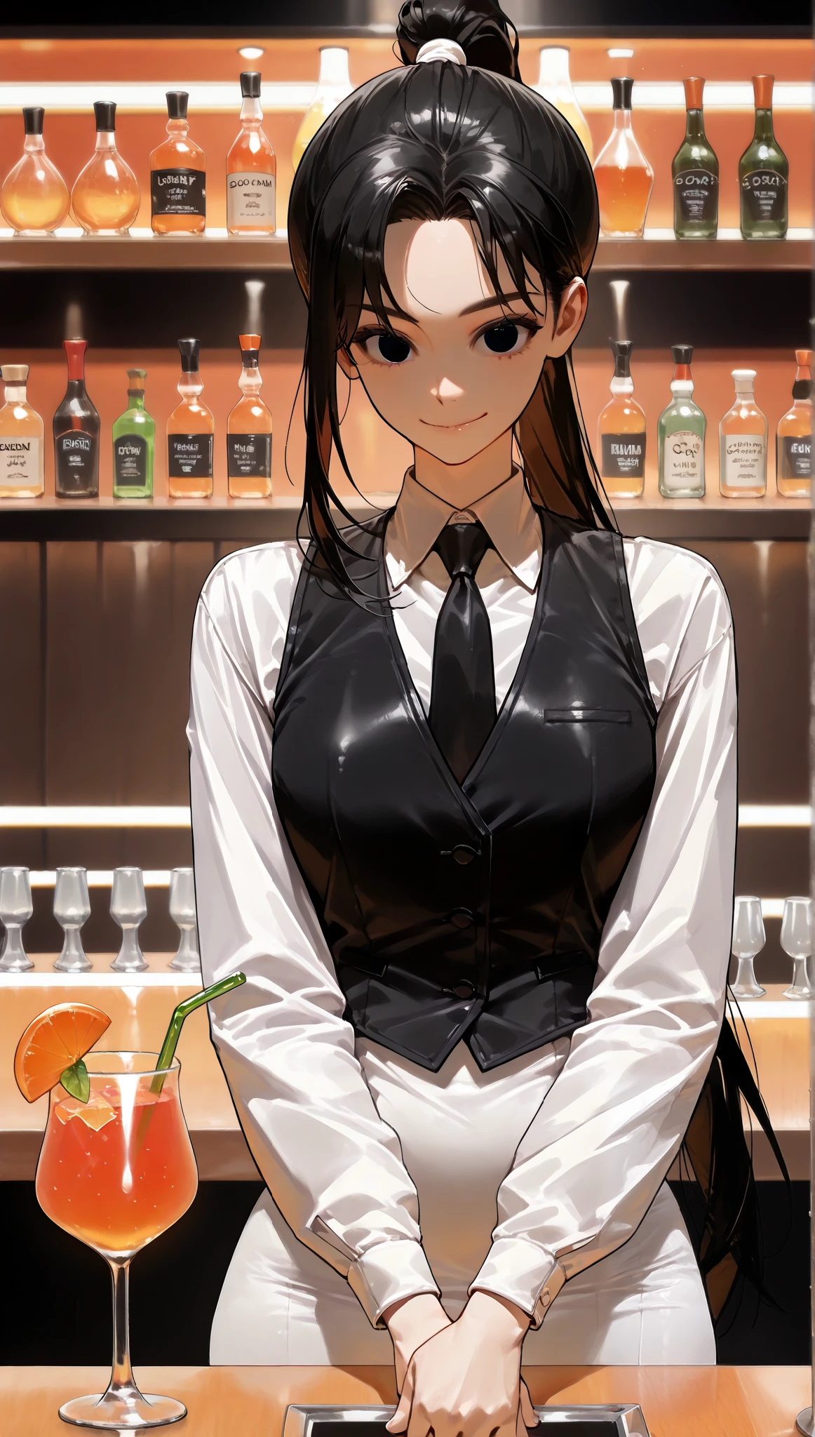 (걸작, 고해상도, 2k 해상도, 매우 상세한), 정면, (1여자, 완벽한 얼굴), (black ponytail, black small eyes), (white dress shirt, black tie, black vest), front view, korean beautiful girl, standing behind bar counter, cocktail bar, pretty, beautiful ,closed mouth smile, upper body shot, 어두운 조명