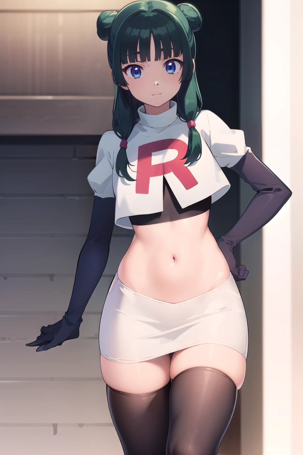 kusuriyamaomao, maomao, long hair, bangs, blue eyes, hair ornament, green hair, blunt bangs, freckles, hair bun, single hair bun,
BREAK team rocket,team rocket uniform,white skirt,red letter R,crop top,black thigh-highs,black elbow gloves,
BREAK looking at viewer, cowboy shot,
BREAK (masterpiece:1.2), best quality, high resolution, unity 8k wallpaper, (illustration:0.8), (beautiful detailed eyes:1.6), extremely detailed face, perfect lighting, extremely detailed CG, (perfect hands, perfect anatomy),