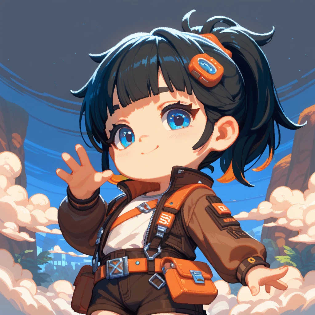 "A young girl with bright black hair , ponytail , bright skin, and the soft expression , wearing future clothing , brown clothes.  The girl pose , pouch , belt . The dark background , gives full focus to the character of the girl , pixel art , cute chibi ."