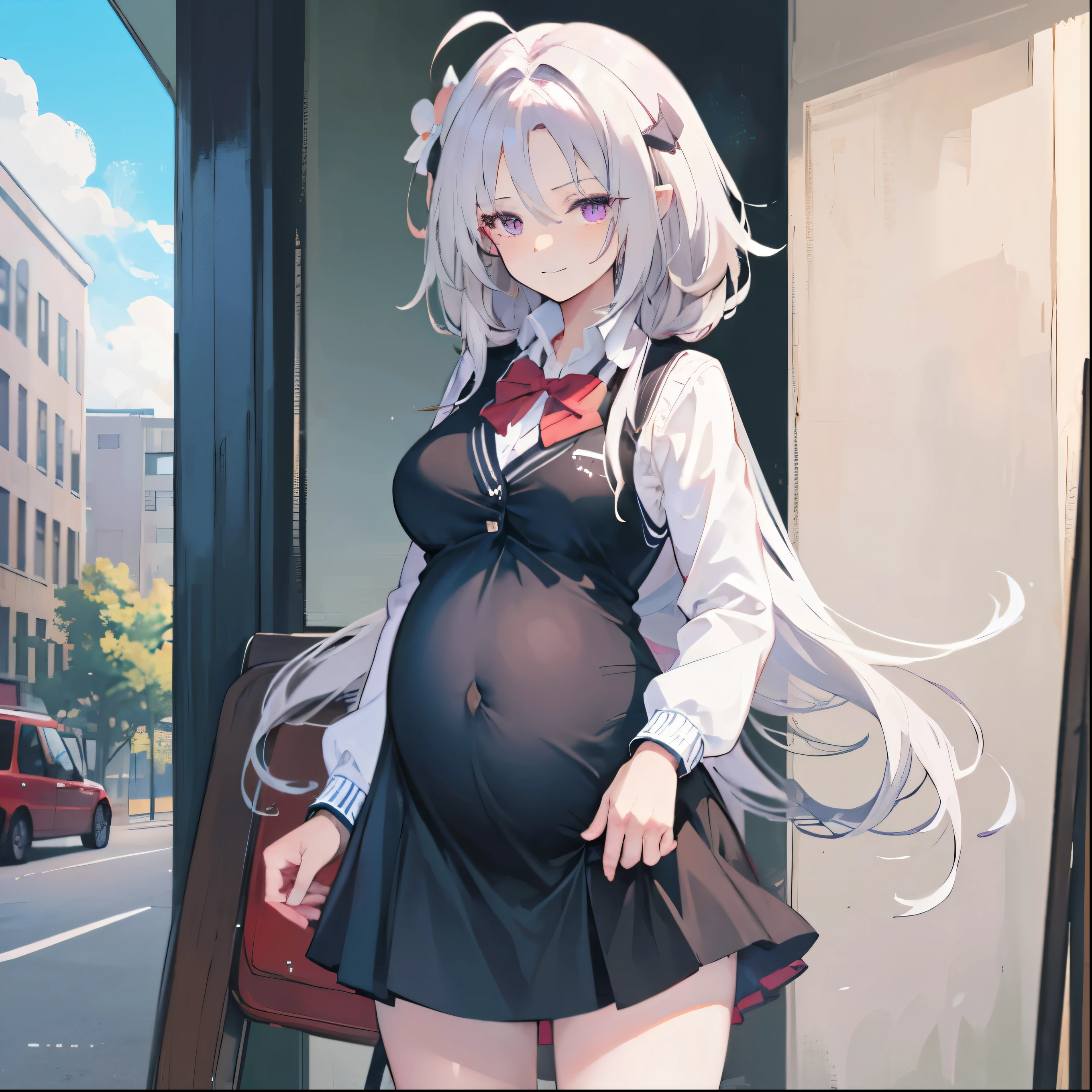 (masterpiece, best quality:1.0), highly detailed, detail, 1girl , ,elaina, white hair, long hair, braided hair, ahoge, purple eyes, UNiform, red bowtie, collared shirt, sweater vest, blazer, black blazer, opened jacket, long sleeves, plaid skirt, brown skirt, outdoor, smile, standing, cowboy shot, (Pregnant), smooth Belly pregnant