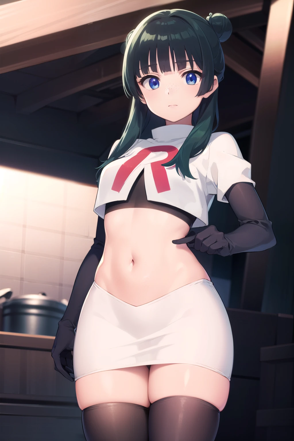 kusuriyamaomao, maomao, long hair, bangs, blue eyes, hair ornament, green hair, blunt bangs, freckles, hair bun, single hair bun,
BREAK team rocket,team rocket uniform,white skirt,red letter R,crop top,black thigh-highs,black elbow gloves,
BREAK looking at viewer, cowboy shot,
BREAK (masterpiece:1.2), best quality, high resolution, unity 8k wallpaper, (illustration:0.8), (beautiful detailed eyes:1.6), extremely detailed face, perfect lighting, extremely detailed CG, (perfect hands, perfect anatomy),