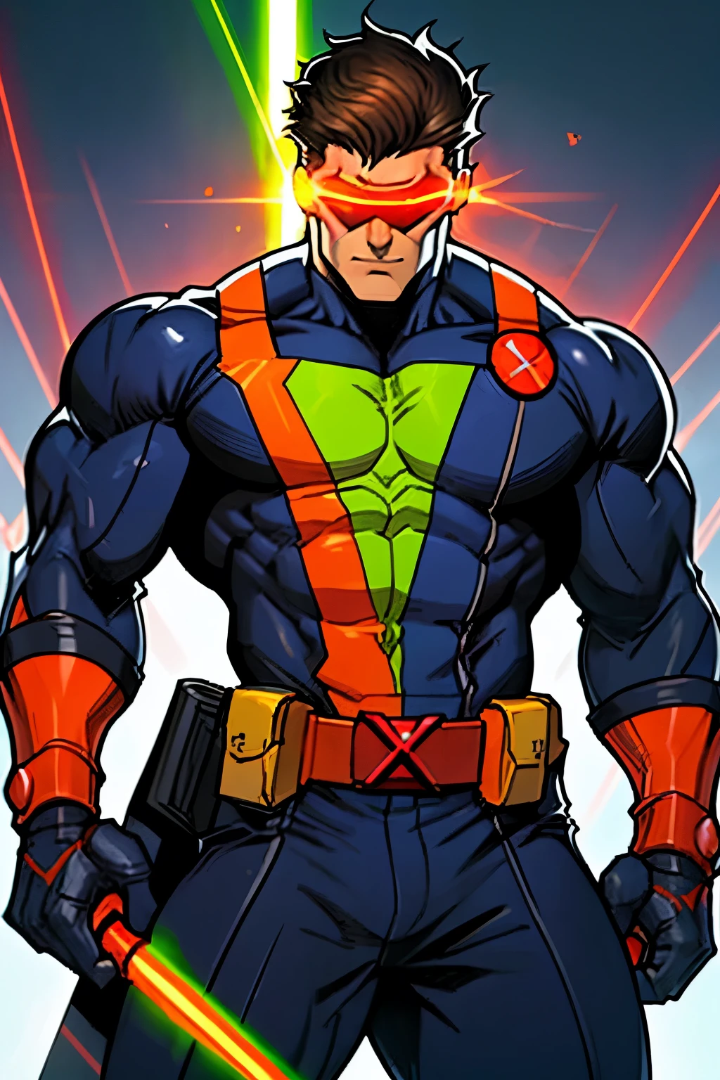 Cyclops, the X-men leader, with a cyborg helmet, allowing him to shoot laser beams from his eyes. His costume is a jump suit. Muscular, strong, powerful, red laser beam, luminous