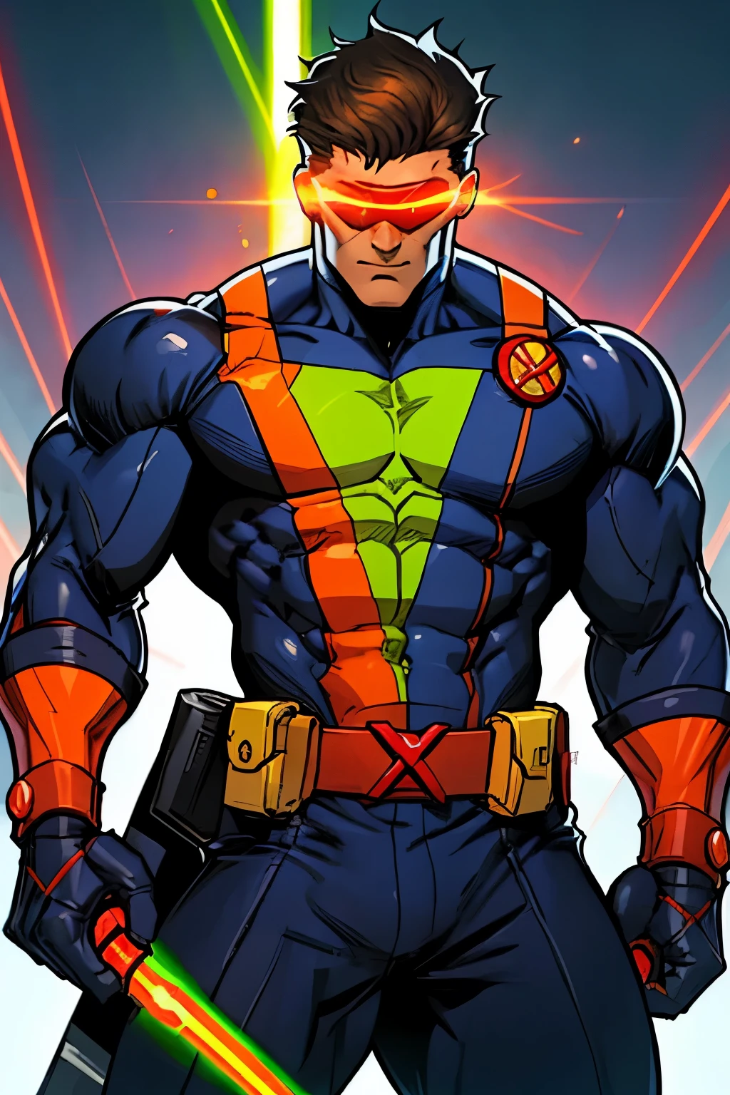 Cyclops, the X-men leader, with a cyborg helmet, allowing him to shoot laser beams from his eyes.  His costume is a jump suit. Muscular, strong, powerful, red laser beam, luminous 