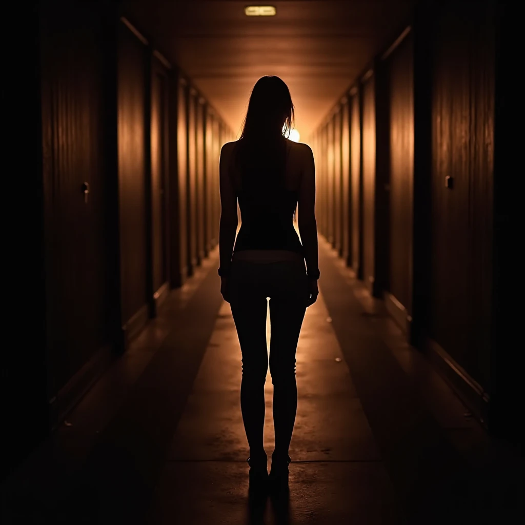 Highest quality, Masterpiece, ultra high definition, Pixel characters, 1 woman,( Endless Corridor, long long corridor, back view,  dark at the end of corridor, 10 doors in along corridor , light trace to the end of corridor, looking back, )