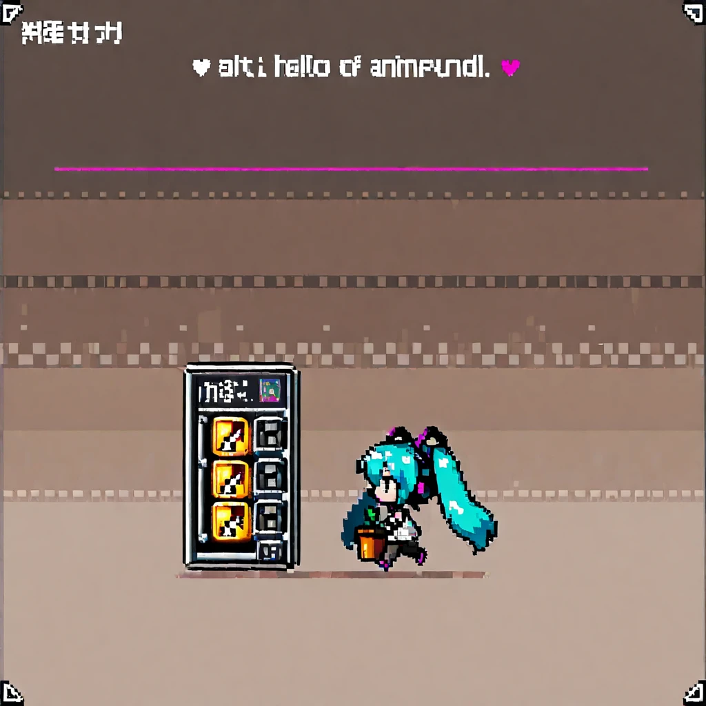 simple 8-bit pixel art, 1girl\(miku hatune\(vocaloid,holding blown plantpot\(empty,blank\),from side,chibi,full body\) walking the world after extinction of mankind, apocalypse world, from music hello planet,NES game screen, with a row of hearts at the top indicating remaining lives