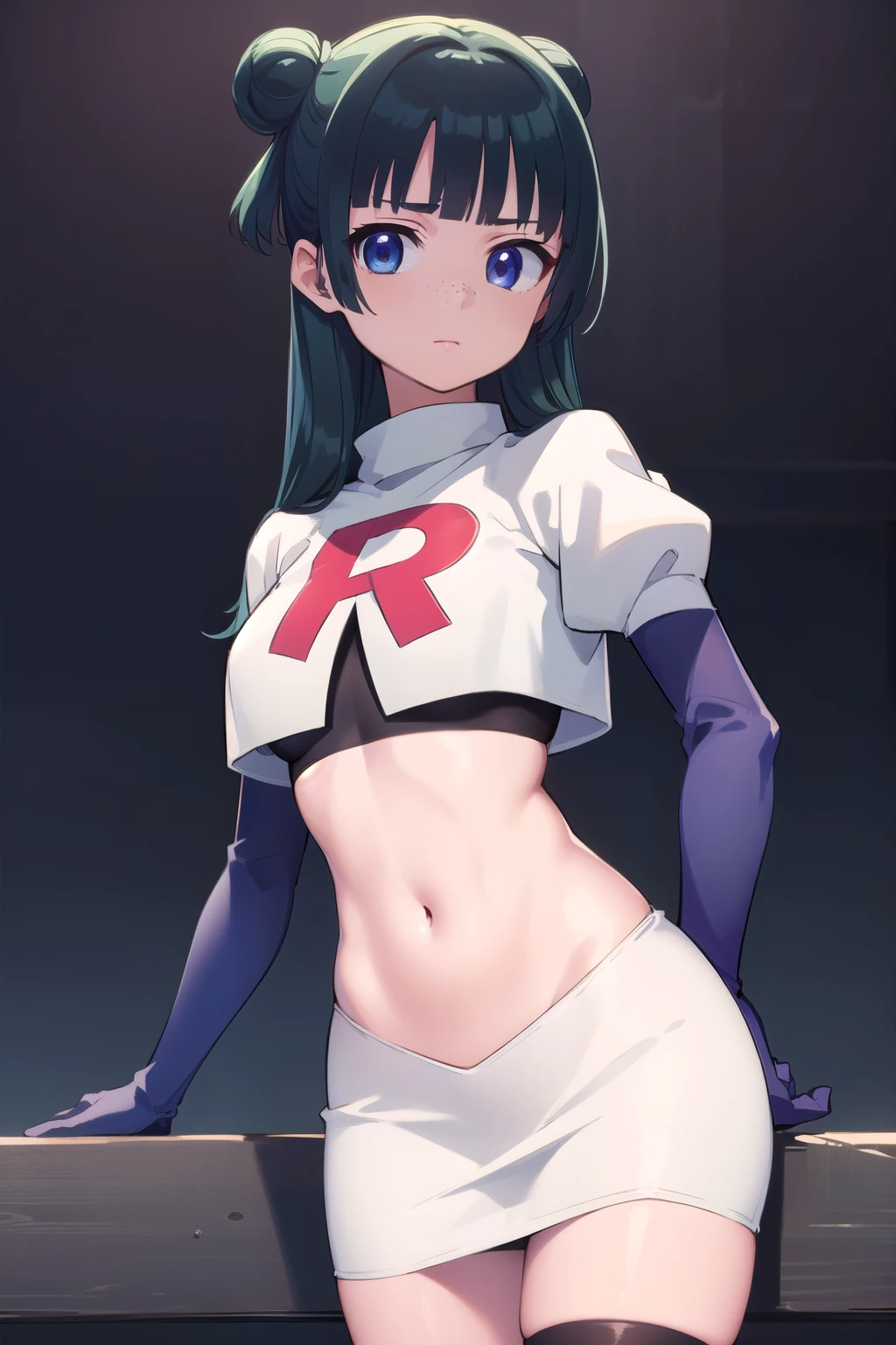 kusuriyamaomao, maomao, long hair, bangs, blue eyes, hair ornament, green hair, blunt bangs, freckles, hair bun, single hair bun,
BREAK team rocket,team rocket uniform,white skirt,red letter R,crop top,black thigh-highs,black elbow gloves,
BREAK looking at viewer, cowboy shot,
BREAK (masterpiece:1.2), best quality, high resolution, unity 8k wallpaper, (illustration:0.8), (beautiful detailed eyes:1.6), extremely detailed face, perfect lighting, extremely detailed CG, (perfect hands, perfect anatomy),