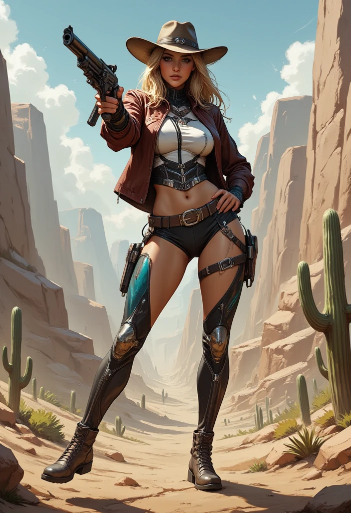 top quality, future world, State-of-the-art robot, Beautiful Woman, flying hair, Transformed into a cyborg except for the face, Transformed into a cyborg except for the shoulder, sexy images, whole body photo, (((cowboy, hat, jacket, belt, she hold shotgun shoot to front, boots with spur, future desert and mountain, cactus)))