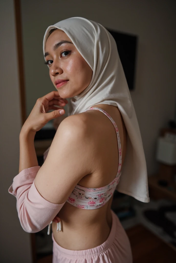 2 Matured malay women seat and seducing in the cafe , wearing hijab with lace bra and platted short skirt, smiling, matured, 40 years old, perfect body, matured body, detail skin texture, professional lighting, bokeh, nighttime, soft lighting, blur background, portrait photography, medium shot, 35mm lense, Over-the-shoulder shot, pastel color grading, depth of field cinematography, western film style, high quality, ultra detail, 8k resolution