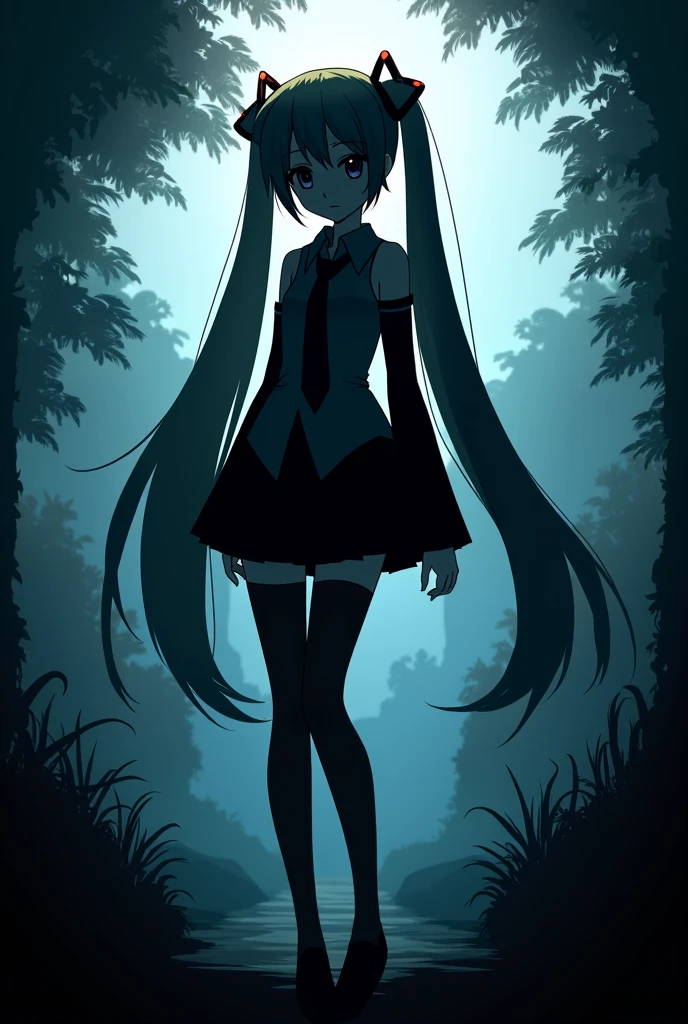 Anime art, anime style, detailed drawing, beautiful forest background background, high definition, high quality, one girl, solo, Hatsune Miku, aqua hair, twin tails, headphones, number tattoo "01" (red, located on her right hand), grey sleeveless collared shirt, black detached sleeves with aqua lines, five fingers with aqua nails, aqua necktie, black pleated mini skirt with aqua lines, zettai ryouiki, thigh-high black boots with aqua lines.
Get example from this image: https://vocaloidespanol.fandom.com/es/wiki/Hatsune_Miku?file=Hatsune_Miku.png
Miku Hatsune walking alone in the night; there is a ghost following her behind