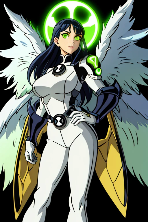 score_1_up, ben10, Insignia, 1 woman, metal bitters, metal armor; 4 wings; Black hair, wide hair,  green eyes,  white pants, Big breasts, green shirt