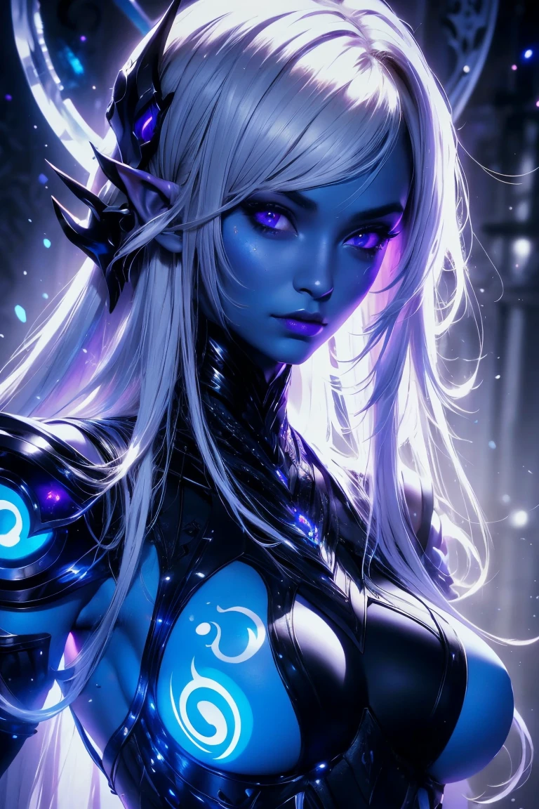 A sexy alien woman, beautiful detailed eyes, beautiful detailed lips, extremely detailed face, long eyelashes, perfect breasts, cleavage, sexy blue smooth alien skin, intricate alien tattoos, glowing alien markings, futuristic alien landscape, alien architecture, ethereal lighting, vibrant neon colors, cinematic composition, photorealistic, 8k, high quality, digital painting, concept art