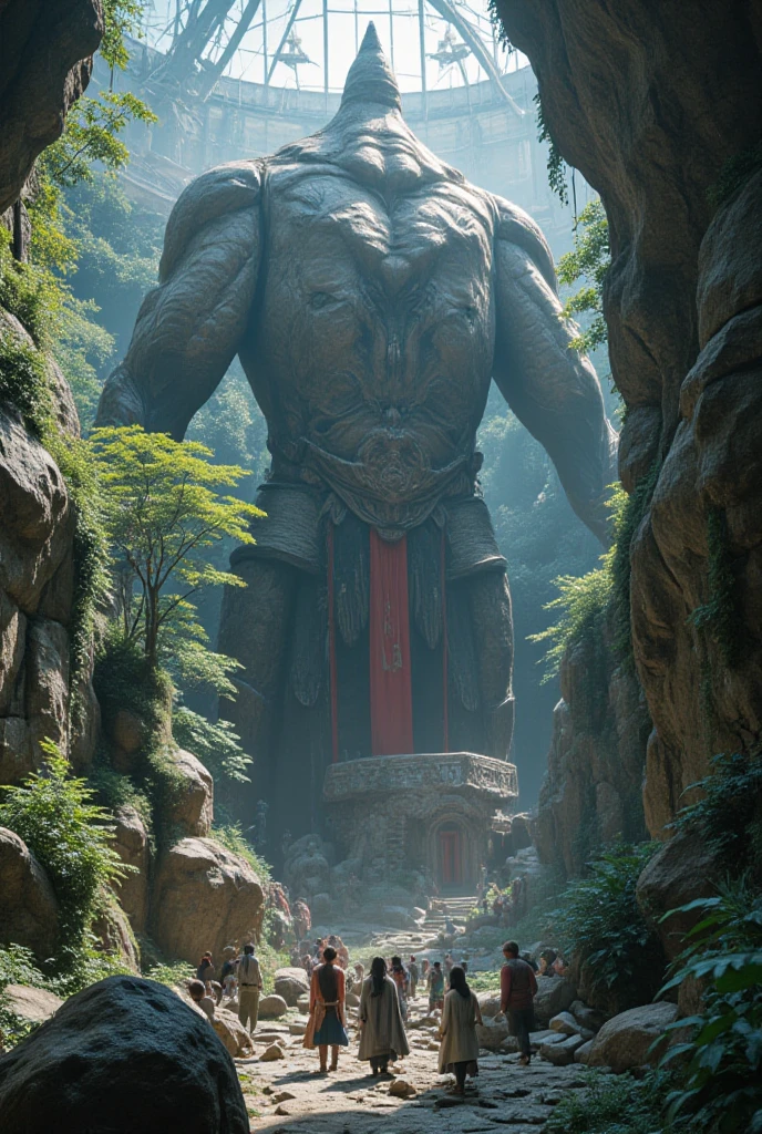 masterpiece, High resolution,8K,A temple in the deep ancient forest々Standing。人間の何倍もあるhugeな怪物は、He has a muscular and sturdy build、Veins protrude beneath the rough skin。His eyes are fierce and glow with an otherworldly light.、Long, powerful arms hang down menacingly。This monster's body、Covered in numerous scars and tattoos。Dressed in tattered traditional clothing。In the background, a towering tree々and thick foliage grows、It creates a dark and mysterious atmosphere.。It gives off an aura of immeasurable power.。huge。Big body。