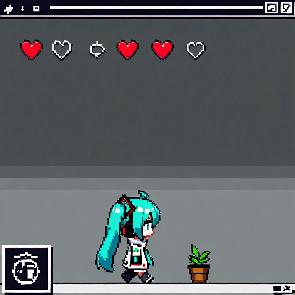 simple 8-bit pixel art, 1girl\(miku hatune\(vocaloid,holding blown plantpot\(empty,blank\),from side,chibi,full body\) walking the world after extinction of mankind, apocalypse world, from music hello planet,NES game screen, with a row of hearts at the top indicating remaining lives