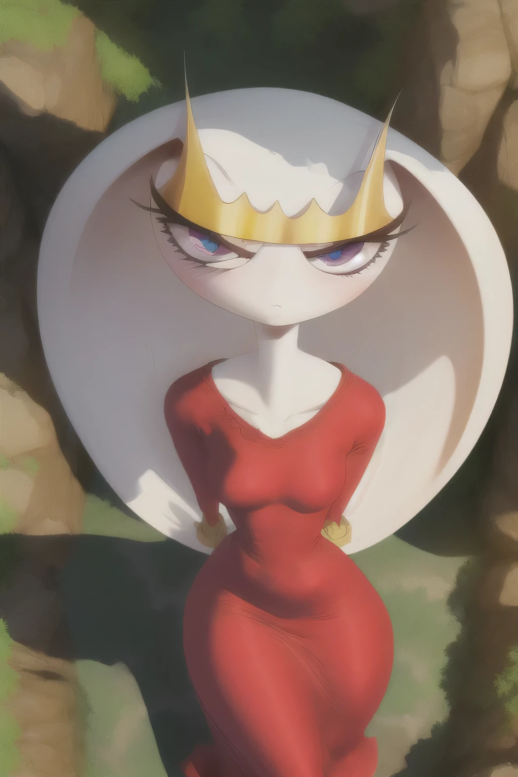 Pheromosa, furry female, anthropology, segmented body , long hair, portrait, Alone, (best quality), ( detailed nature background :1.2), dramatic lighting, looking at viewer, hand on hip, 2 fingers , red dress, score_9, score_8_above, score_7_above, score_6_above, score_5_above, score_4_above, chica, detailed face , beautiful, delgado, anthropo, beautiful and detailed eyes , ( squinting eyes :1.1), (Menacing eyes:1.1), ashamed, blush, Blush of the nose , looking down , small mouth , [in heat, ( getting slapped on the spectator's head:1.3), her legs tremble