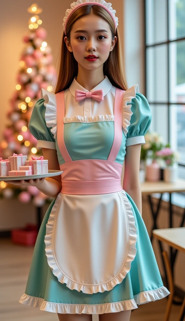 Professional emulsion fetish full length photo of a beautiful skinny extremely slim anorexic cute young Russian  teen waitress wearing super tight pastel pink and turqouse emulsion maid uniform with a short white waist apron decorated with many emulsion bow and frills.(长长的白色丝袜上系着淡色的带子,她的双腿又长又细), she has long light colored hair，wearing a pink and white Santa hat. she is also wearing long rubber gloves and 20 inch high platform heels. She is holding a tray，with small Christmas gifts on it, in a maid themed cafe. she has extremely long thin legs, (Super thin waist), slim hourglass figure, (emulsion:1.7), a beautiful golden sunset is coming in through the window, a pastel colored Christmas tree is in the background,d,, Maid Cafe, surface,  unique , (shiny glossy emulsion clothing, gleaming oily emulsion fabric:1.1)