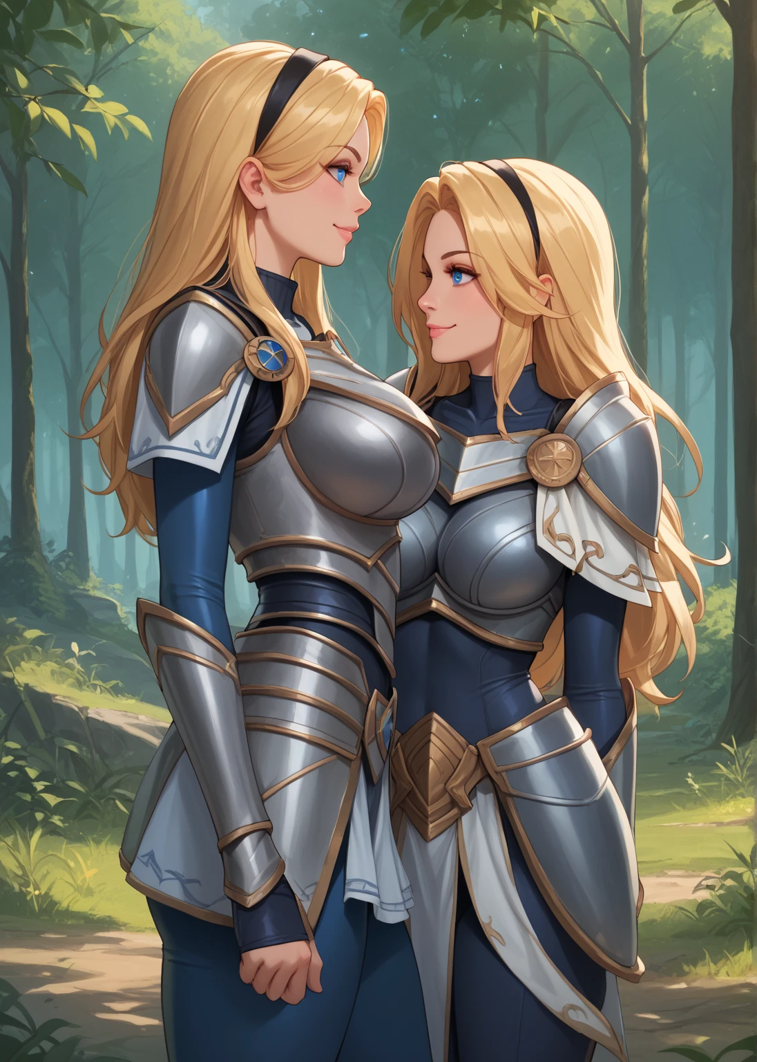 source_anime, score_9, score_8_up, BREAK two heads, conjoined, 1girl, armor, castle, smile