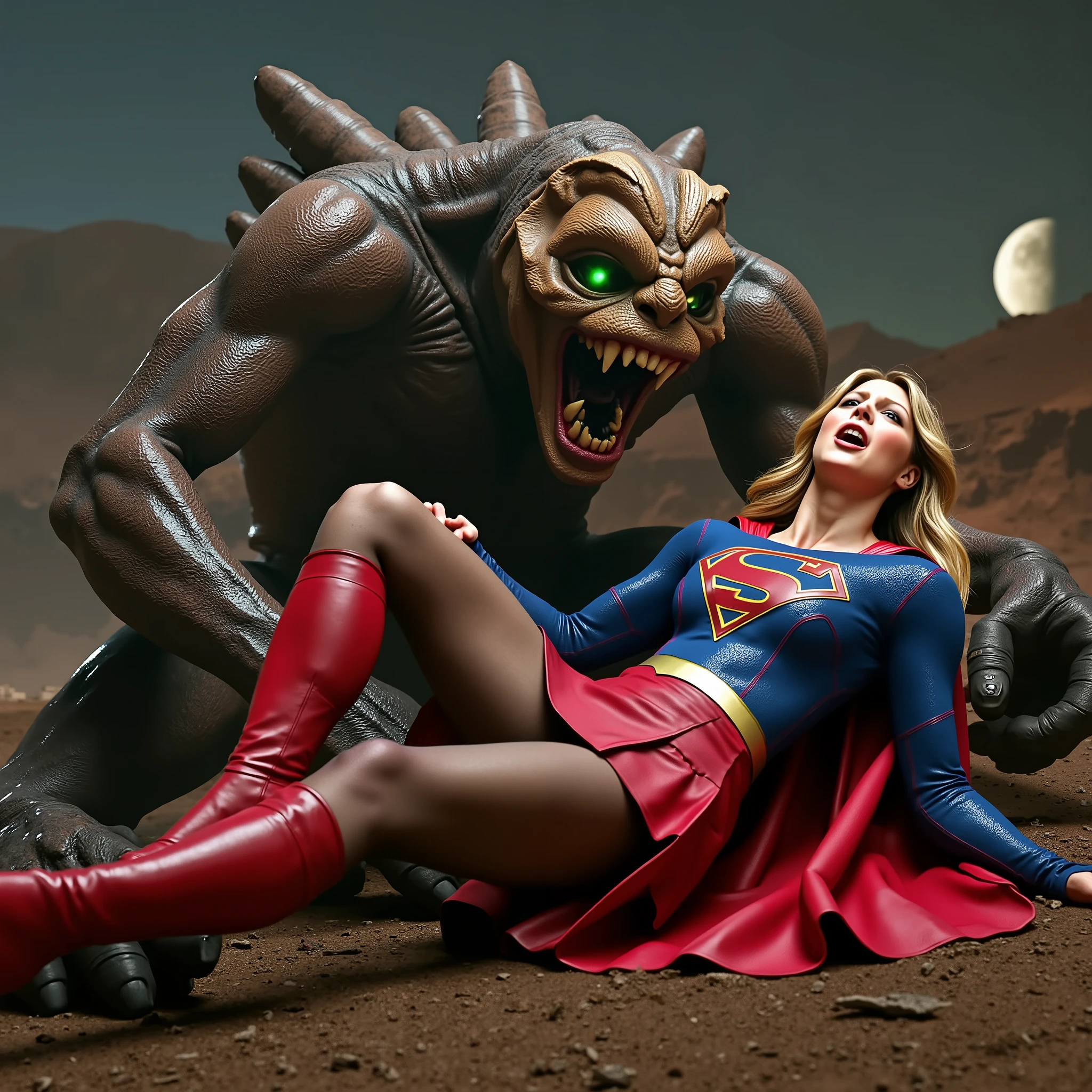 Supergirl is fighting with a big alien monster, very bright white skin, can see whole body, She is wearing a thin black pantyhose, short red leather fabric skirt, red knee height long boots, blonde hair, lighting green collar on her neck, She is screaming in pain, seriously injured, painful, a huge body fierce Alien Monster hold and carry Supergirl body, the Alien Monster seize her body tightly and bite her neck, photorealistic, hyper realistic, night time on the Mar with moon lighting,