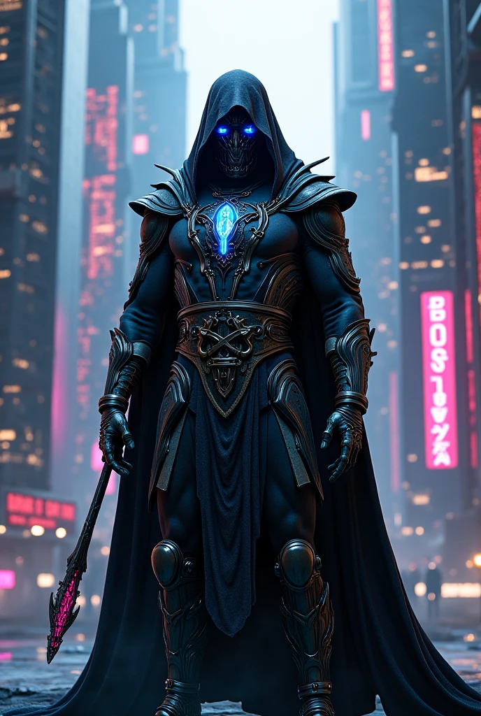 Onyx Optimizer, A dark knight, shrouded in armor inscribed with glowing symbols, stands on a cliff overlooking a city in the clouds, each building made of translucent, rainbow-hued glass; sunlight streams through the colors, contrasting sharply with the knightâs shadowed figure.