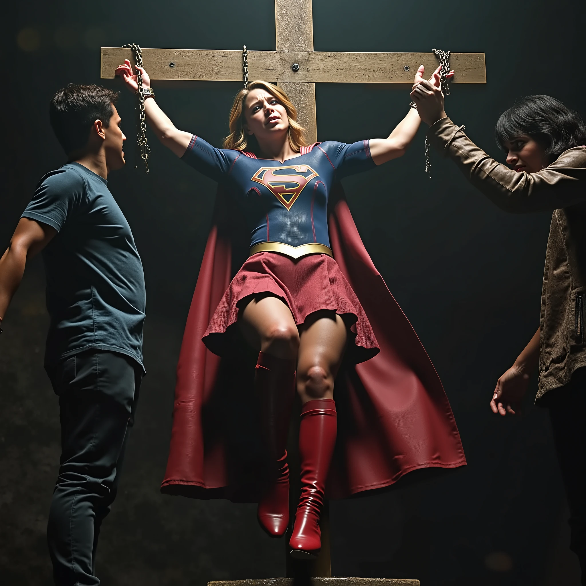 Melissa Benoist as Supergirl, the Supergirl is lying crucified attach the cross, her wrists are bounded to the cross by chain, she is unconscious, eyes close, She is wearing a Supergirl costume with red skirt, pantyhose and red knee height boots, her condition is tired, injury, tattered clothes, painful face, a devil stand beside and press her legs, in the cave,