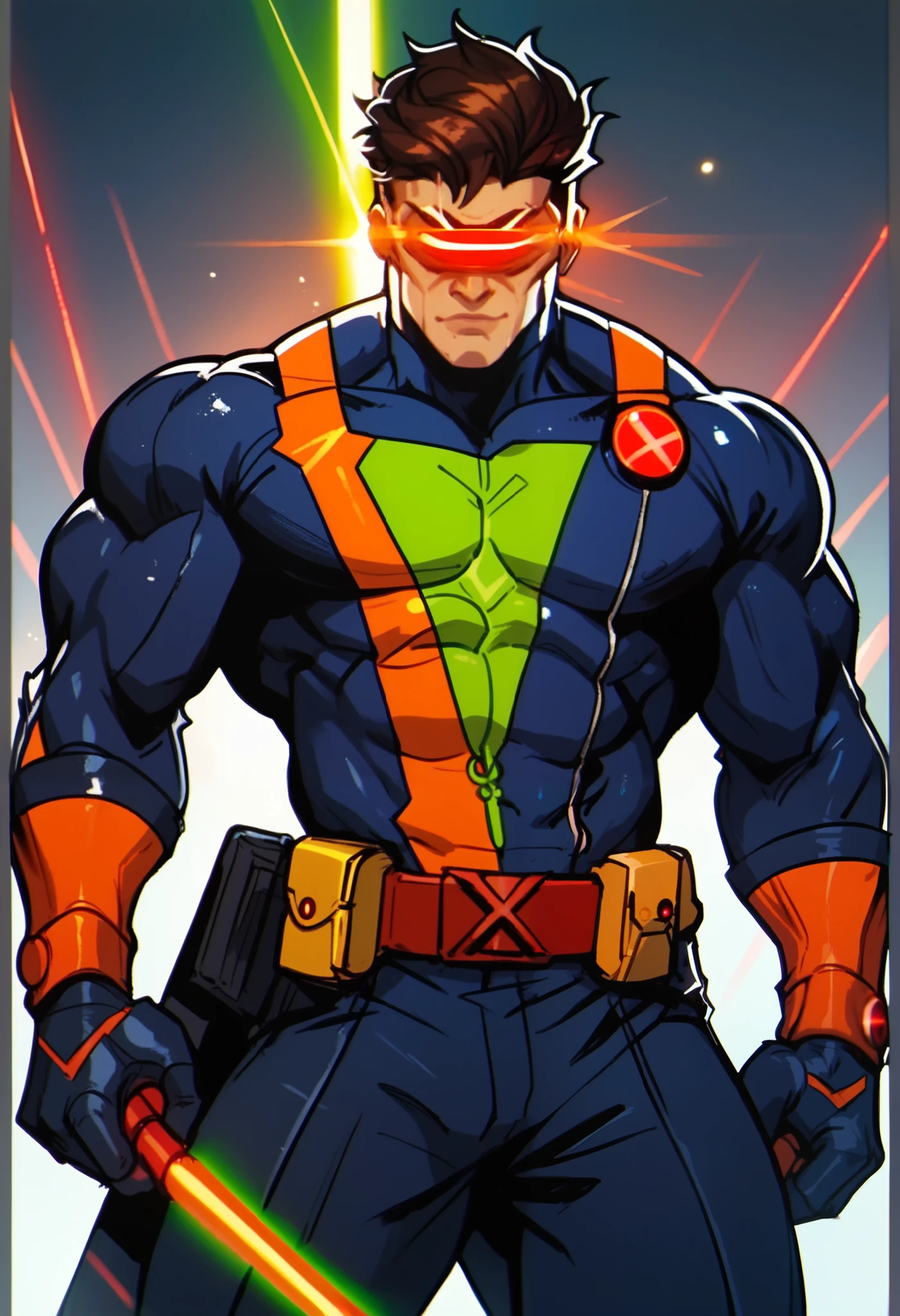Cyclops, the X-men leader, with a cyborg helmet, allowing him to shoot laser beams from his eyes. His costume is a jump suit. Muscular, strong, powerful, red laser beam, luminous