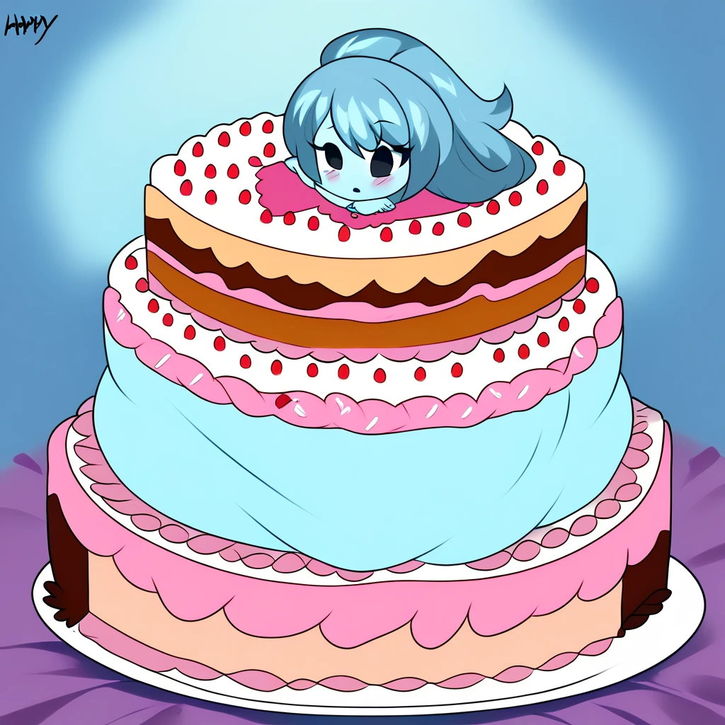 Living cake, score_9, score_8_up,  by fizintine
 sp00kjsm, 1girl, solo, aqua skin, colored skin, blue hair, long hair, solid oval eyes, black eyes, defspooky, lightblue dress, dress, Content:1.2,  fat, chubby, obese, gigantic arms and legs, blush,