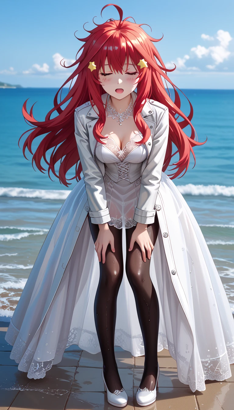 (Front view), (full body shot), uncensored, 1girl, bangs, blue eyes, cute face, beautiful face, hair between eyes, ahoge, red hair, star \(symbol\), hair ornament, ((messy hair)), star hair ornament, medium breasts, (1girl), (solo), long_hair, photo_background, outdoors, water, thick tights, black_eyes, day, open_mouth, bangs, ocean, blush, black pantyhose, ruanyi0836,white dress,wedding dress,shawl, (((white leather jacket))), open leather jacket, long sleeves leather jacket, (see through clothes), (standing up), (bending forward), (hands touching knees), exhausted, moaning, heavy breathing, aroused, erotic, (eyes closed), wet, sweating, in peril, worried expression