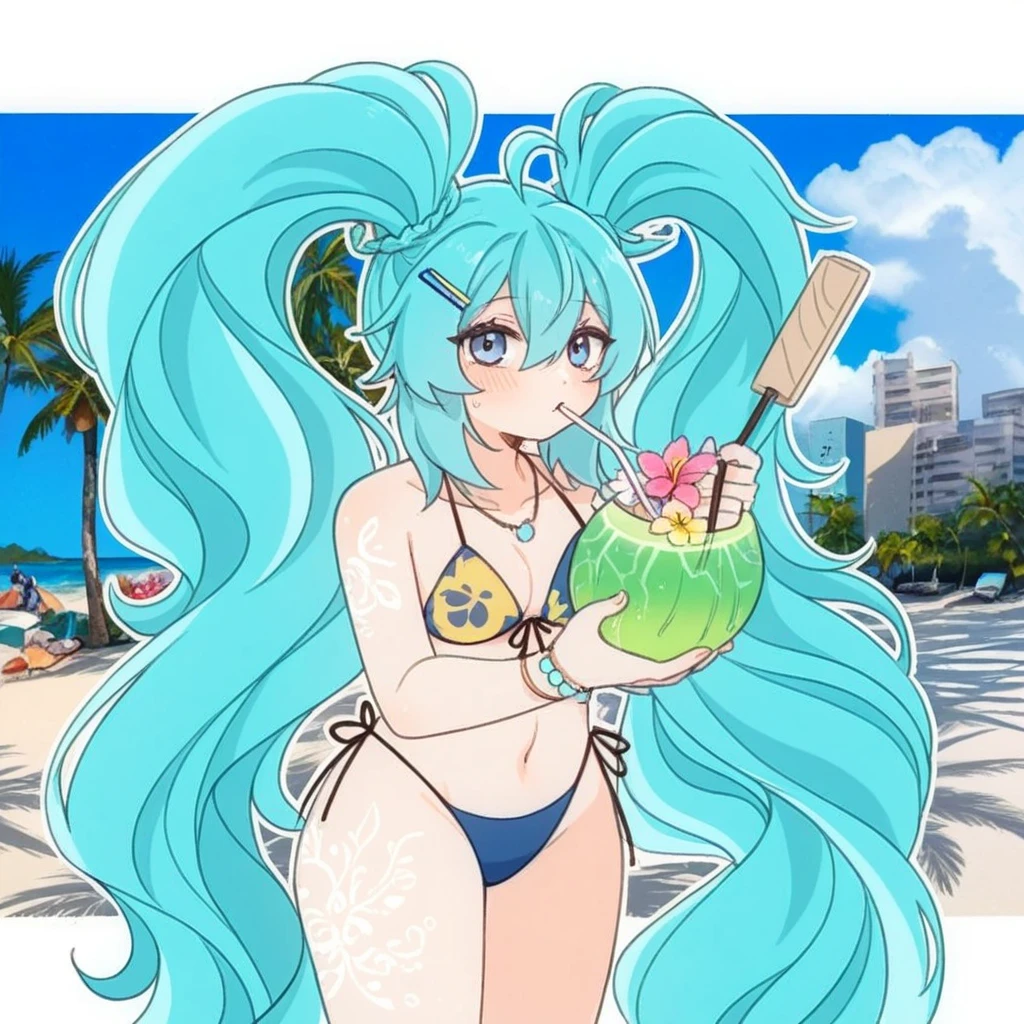 One with blue hair on the beach drinking coconut water 