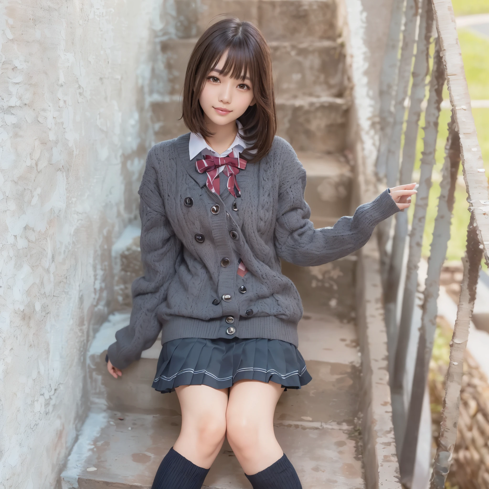 (high resolution:1.5), (masterpiece:1.5), very detailed, best quality, 8k, ((1 girl)), (Cute Japanese woman), A cute 24 year old woman, (medium breasts:1.5), detailed face, Beautiful and elegant face, cute face, (Round face:1.4), thin lips, natural bangs, arched eyebrows, well-groomed eyebrows, (big eyes with a good balance between the left and right sides), cute eyes, beautiful eyes, beautiful thin nose, beautiful face line, (beautiful skin), medium Hair, (natural bangs:1.5), (looking at the camera with a Gentle smile), smooth skin, fair skin, (Slender body:1.5), Gentle smile, (Round face:1.4), (Simple Background:1.5), School uniform, pleated micro mini skirt, ribbon tie, sweater,