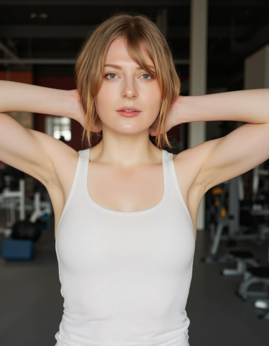 beautiful detailed photograph, messy blonde hair loose strands framing her face, wearing a white camisole, standing in gym looking at the viewer, smile, arms up, hands behind head, (sweaty armpits)