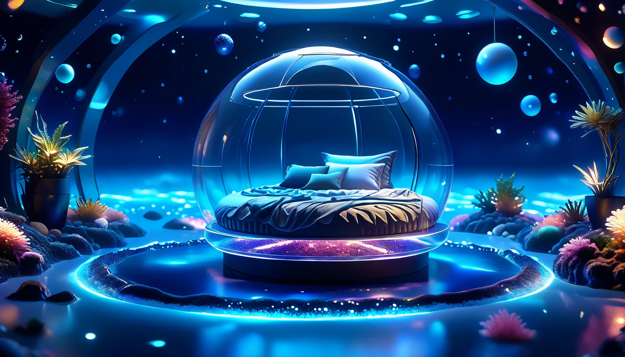 A beautiful neon-colored world floating on the ocean floor at night. A dim deep blue ocean floor. A round capsule bed is placed there. Highly detailed elegant and detailed, adding a dramatic and iconic element to the scene. Deep borders, bokeh, smooth textures, ultra-detailed, high resolution, ultra-detailed, (Best Quality, 16K, High Resolution, Masterpiece)