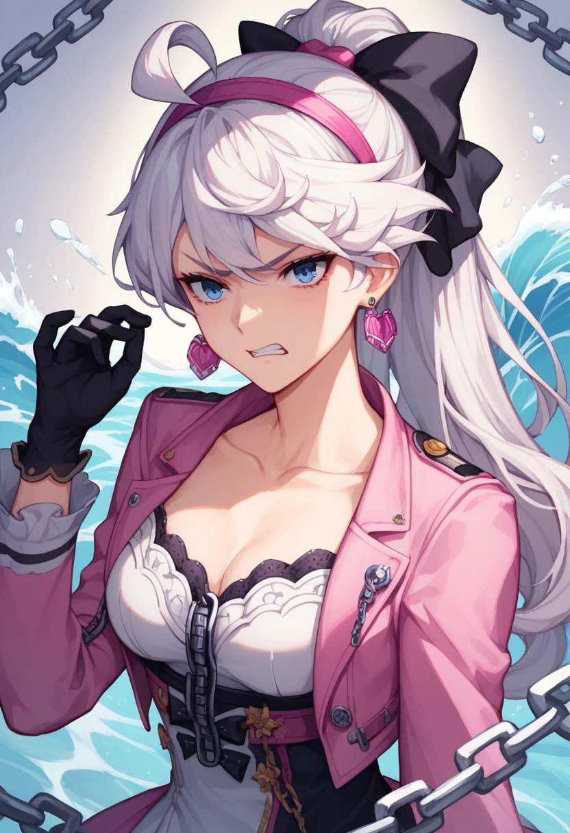 1girl,carlotta_\(wuthering_waves\),gloves,long hair,bow,black gloves,hair bow,blue eyes,pink bow,jewelry,earrings,breasts,ahoge,hand up,ponytail,pink jacket,white bow,parted bangs,white hair,chain,white dress,black bow,two-tone bow,medium breasts,sidelocks,hairband,collarbone,disgusted face,toe, 