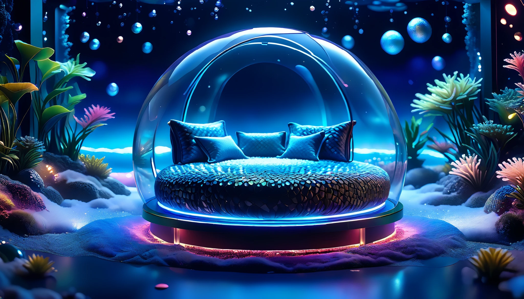 A beautiful neon-colored world floating on the ocean floor at night. A dim deep blue ocean floor. A round capsule bed is placed there. Highly detailed elegant and detailed, adding a dramatic and iconic element to the scene. Deep borders, bokeh, smooth textures, ultra-detailed, high resolution, ultra-detailed, (Best Quality, 16K, High Resolution, Masterpiece)