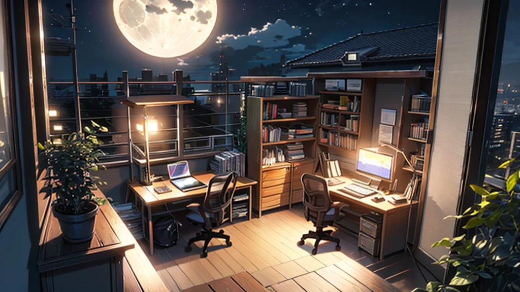 night,balcony,balcony desk,desk work,study,I sat on a chair, moonlight,study,girl ,headphones, girl , beautiful girl,Bookshelf, Nostalgic Vibes,atmosphere , calming ,emotional,moon out of thewindow,Stylish room