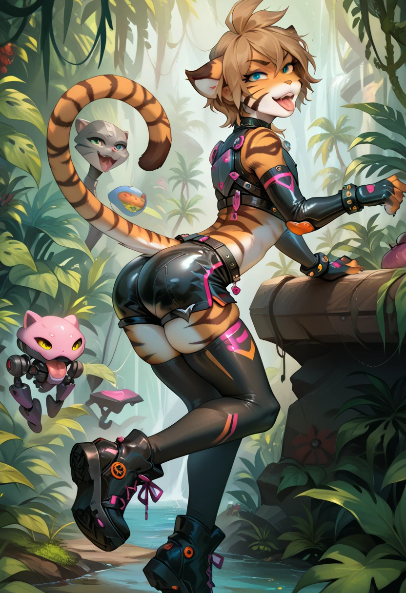  petite anthropomorphic tiger boy, feminine, adventurer, cocky, arrogant, smug, black cyber assassin armor, feminine ass and hips, feminine facial features, tight black leather booty shorts, black leather leggings, leather boots, tsundere, futuristic vibes, light novel art, petite and thicc, no nudity, sfw, single male tiger boy, cyber assassin armor, warrior, feminine facial features, regal, tongue hanging out, open mouthed, cute pose, young sexy male tiger, futuristic, boyish, arched back, pretty boy, jungle background, gay, fat girly ass, flaunting ass