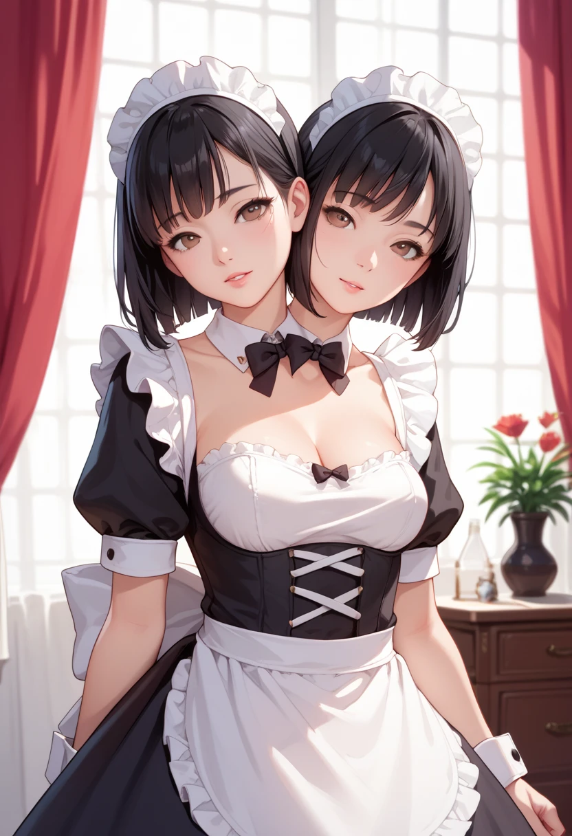 (((clone girls art))), (((Ultra HD, Highest quality, Ultra-high resolution))), (((((Maid clothes:1.7))))), Women, Small face, (((((Thick black hair, short hair:1.9))))), (Cute expression, A gentle gaze), ((smile:1.5)), (Big Breasts, Cleavage:1.5), ((Very detailed, 1girl, cloning:1.6)), (((6+girls:1.8))), (((Very detailed, Perfect same person, 100 people:1.8))), (((Western-style garden, A beautiful sight of blooming flowers))), top view, Perspective