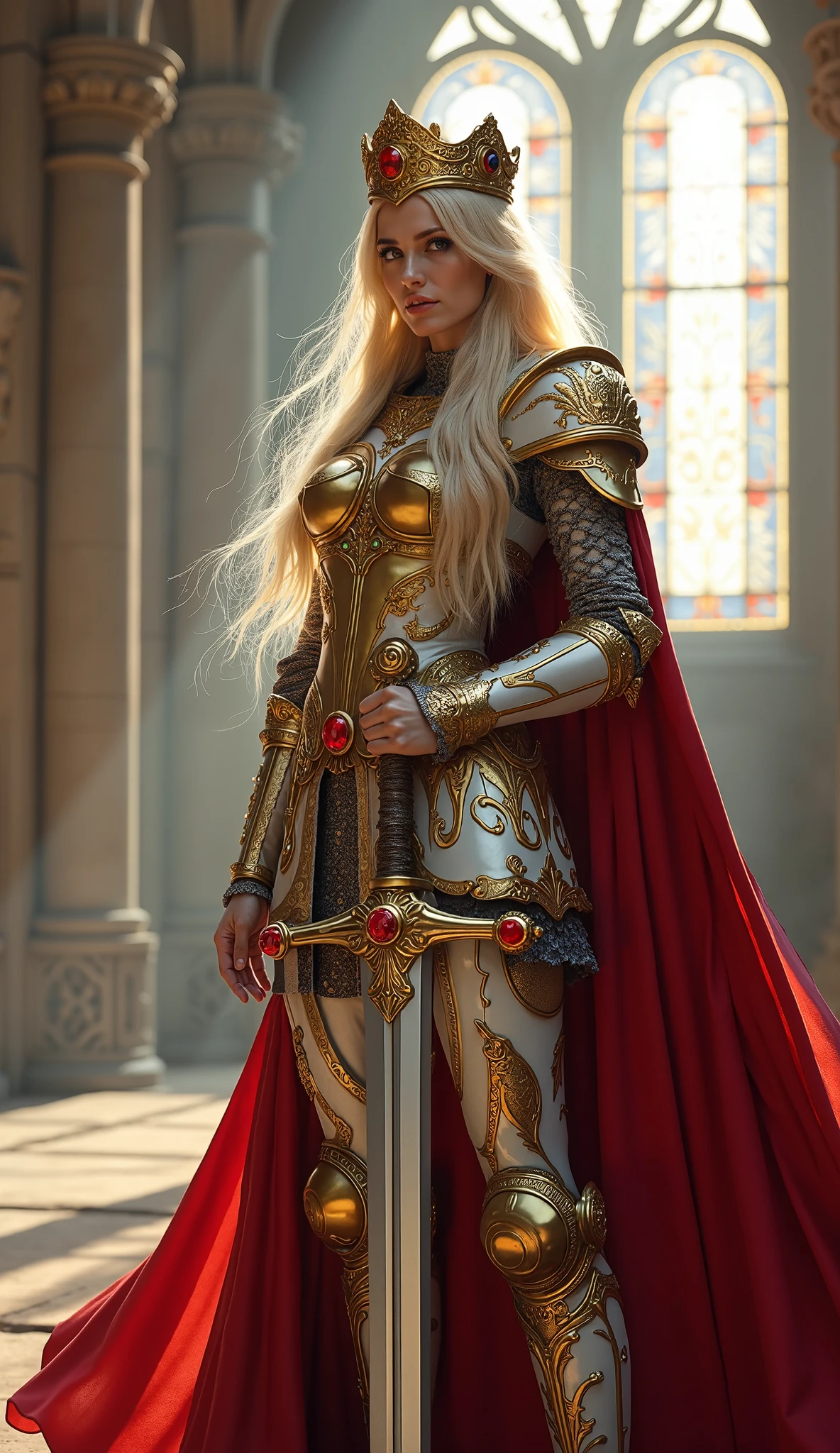 Blond woman in armor and red cape holding a sword in a church - SeaArt AI