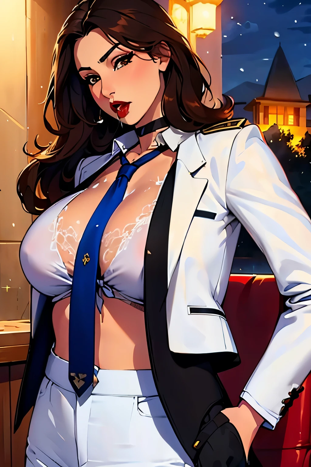 La mujer, poca ropa, botas hasta la rodilla, medias, black stockings, (((jacket, white jacket, trouser, white trousers, tie, white tie, blue shirt))), ((snow mountain, luxury hotel,noche, night, close up, upper body)), muy detallado, Realistic long-term photography, 4k, pelo largo, brown hair, By the chestnut, (((labios rojos, gargantilla, chocker, sexy,red lips, brown eyes, big breasts, pechos grandes, breasts, Lucia Auditore, dripping from the mouth, stockings, black stockings))