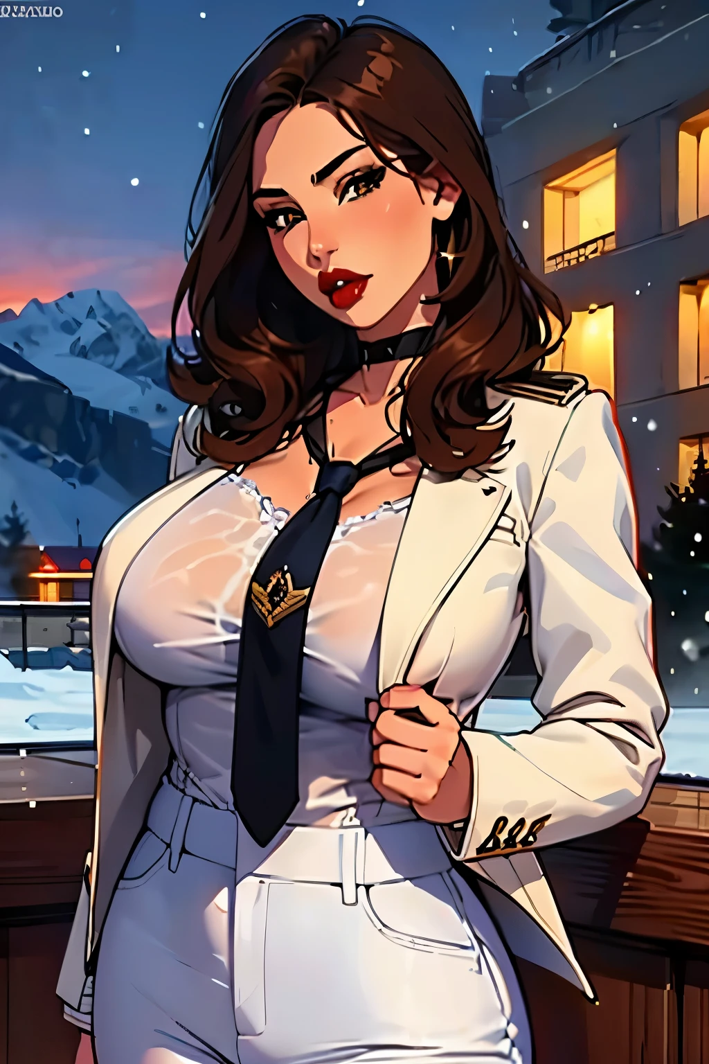 La mujer, poca ropa, botas hasta la rodilla, medias, black stockings, (((jacket, white jacket, trouser, white trousers, tie, white tie, blue shirt))), ((snow mountain, luxury hotel,noche, night, close up, upper body)), muy detallado, Realistic long-term photography, 4k, pelo largo, brown hair, By the chestnut, (((labios rojos, gargantilla, chocker, sexy,red lips, brown eyes, big breasts, pechos grandes, breasts, Lucia Auditore, dripping from the mouth, stockings, black stockings))