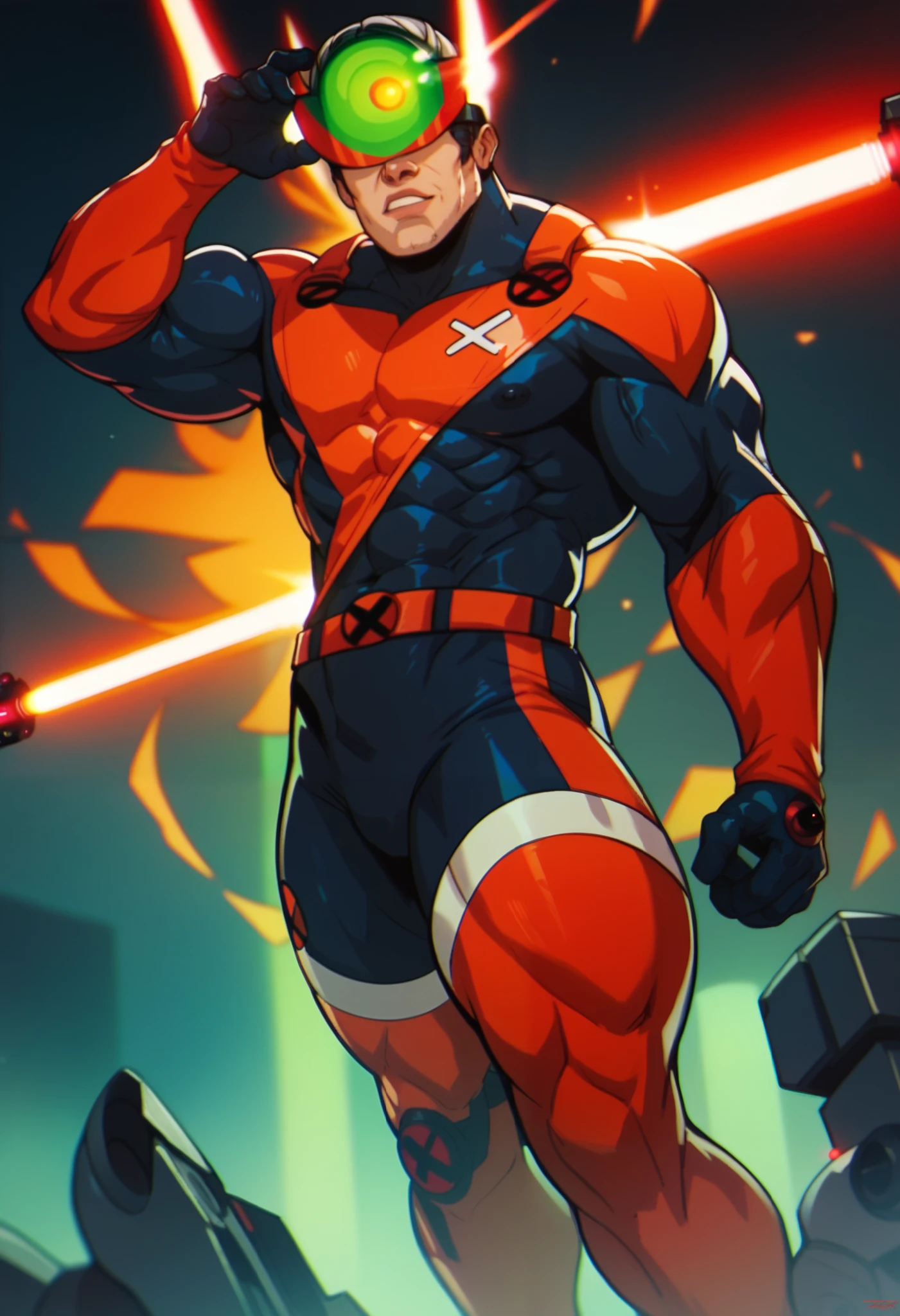 Cyclops, the X-men leader, with a cyborg helmet, allowing him to shoot laser beams from his eyes.  His costume is a jump suit. Muscular, strong, powerful, red laser beam, luminous. X visor