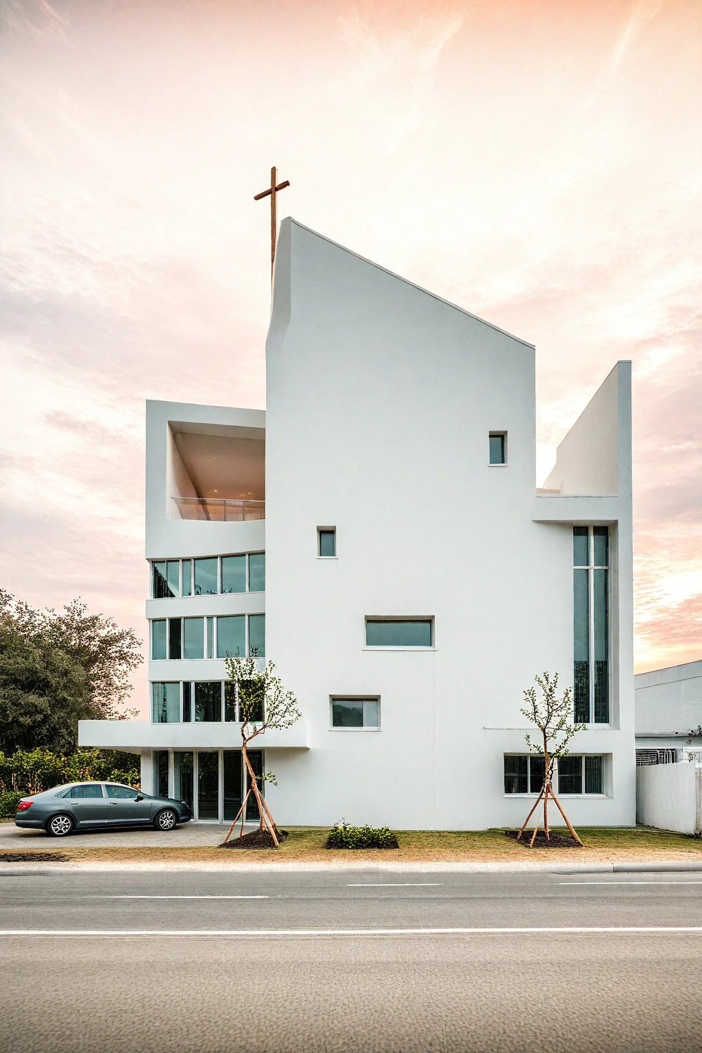 raw photo, best quality, ultra realistic, masterpiece, best quality skin, photography hd, dslr,
tcs, httlvn, modern church, road, people, house, facade design, outdoors, church, white walls, cross on top, curved shape building, 
Dusk, sunshine, 
View from a tree, dof view, 
